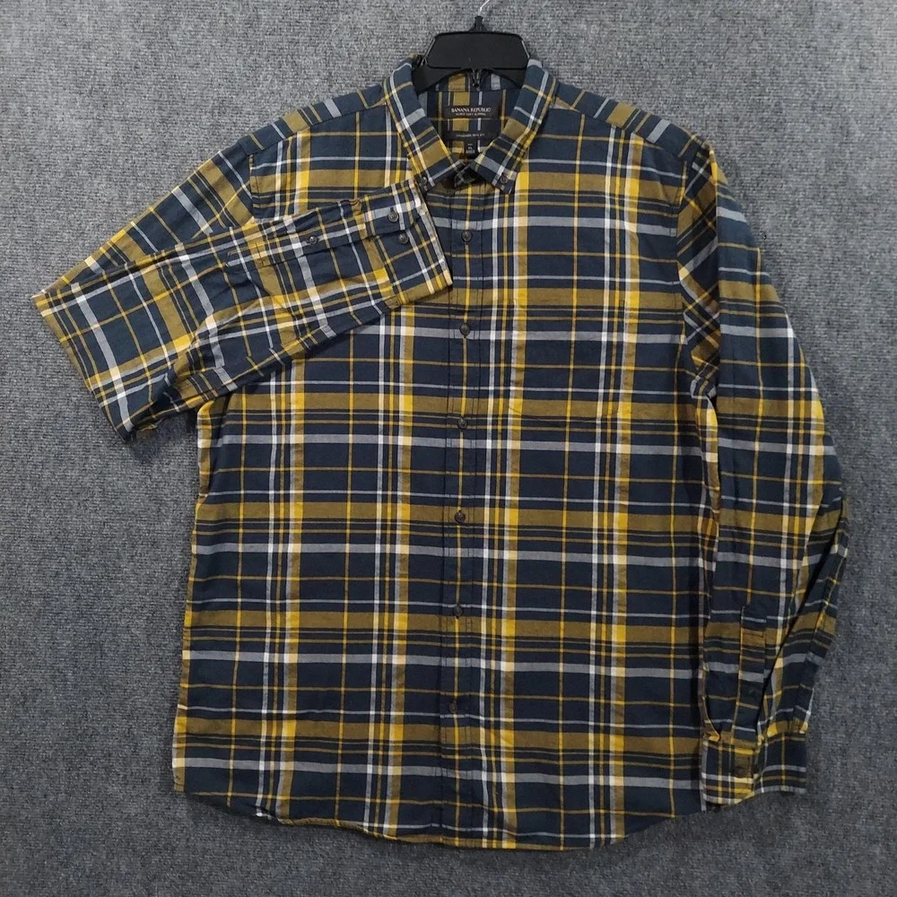 Banana Republic‎ Shirt Men XLT Tall Blue Yellow Plaid Flannel Slim Fit Untucked